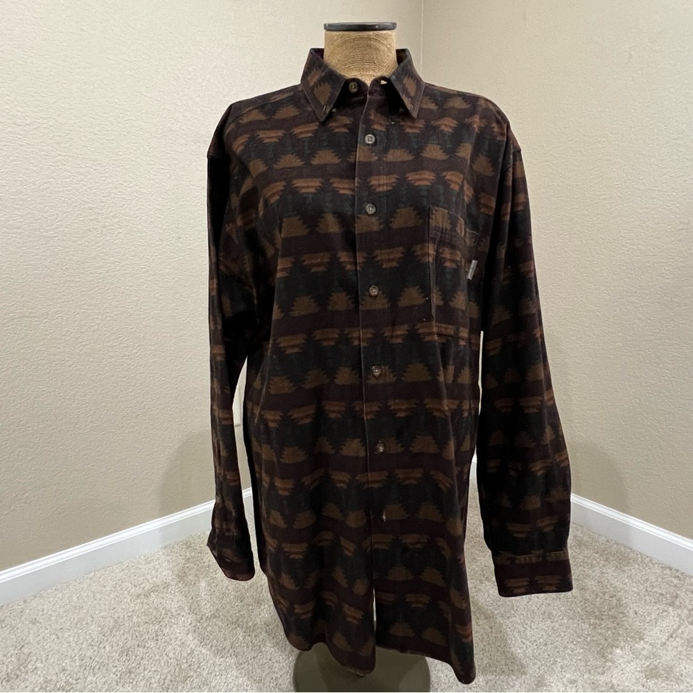 WOOLRICH Flannel Shirt Heavy Brown Southwestern Aztec Long Sleeve Mens Size XL,
